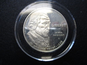 1993-S James Madison US Silver Dollar 1oz Silver Commemorative in protective, removable capsule