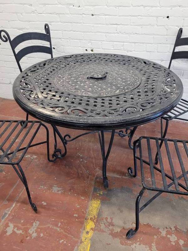lot 67 image: Black Iron Patio Table & Chair Set with Fire Pit