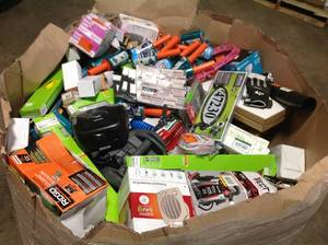 Gaylord full of assorted hardware, general merchndise, door knobs, pulls and various  misc items various products various conditions customer returns see pictures