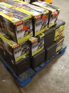 Pallet with assorted Ryobi 2 cycle gas chain saws various sizes and conditions customer returns