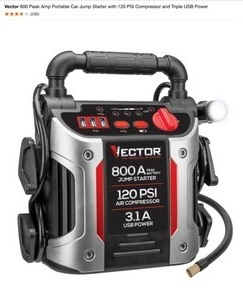 Vector 800 Peak Amp Portable Car Jump Starter with 120 PSI Compressor and Triple USB Power. See Pictures