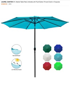 LAUREL CANYON 9 ft. Market Table Patio Umbrella with Push Button Tilt and Crank in Turquoise & Round Metal Patio Umbrella Base in Antique Bronze. See Pictures