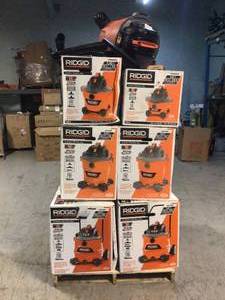 Pallet with assorted Ridgid Shop Vacs various models and conditions review pictures