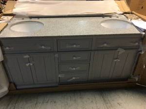 Home Decorators Fremont 72 in. W Grey Double Bath Vanity with Grey Granite Vanity Top and Undermount Sinks see pictures