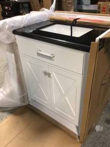 Home Decorators Collection Ainsley 30 in. W x 22 in. D Vanity in White with Granite Vanity Top in Black with White Basins See pictures