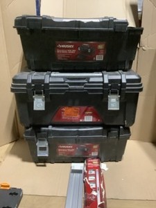 Various Kinds & Conditions of Husky & Bostitch Hand Tools, Tool Boxes & Shop Equipment. See Pictures