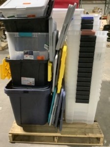 Pallet of Different Sizes & Kinds of Totes & Storage Bins. Various Conditions. See Pictures