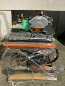 Pallet With RIGID 10 in. Wet Tile Saw with Stand, Various Sizes of WetDry Shop Vacuums, HEPA FilterDust Bag & Water Pump. See Pictures