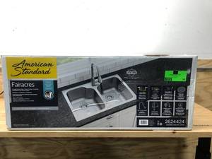 lot 56 image: AMERICAN STANDARD Fair-Acre Drop-In 33-in x 22-in Stainless Steel Double Equal Bowl 1-Hole Kitchen Sink All-in-one Kit
