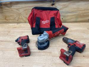 lot 9 image: MILWAUKEE M18 14 Impact Driver, 4 12 Cut-OffGrinder and 12 Hammer DrillDriver with Bag (Tool Only)