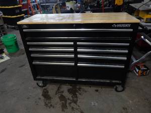 lot 2 image: Husky 9-Drawer Wood Top Work Bench. 46 x 36 Tall Tool Box With Key