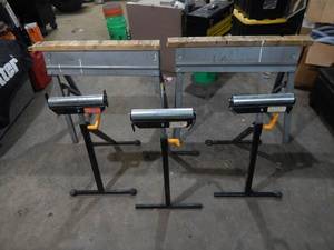 lot 34 image: 2-Saw Horses & 3-Rolling Material Stands