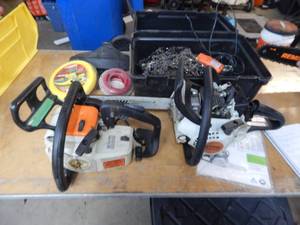 lot 45 image: Stihl Chainsaws For Parts Or Repair With Assorted Chains & Weed Whip Line