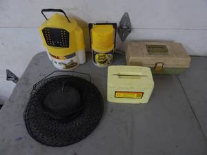 lot 78 image: 2-Bait Buckets, Flip Top Tackle Box Bait Hut (New)