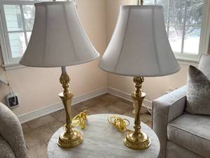Set of 2 Lamps with Polished Brass Bases & Cream Linen Shades