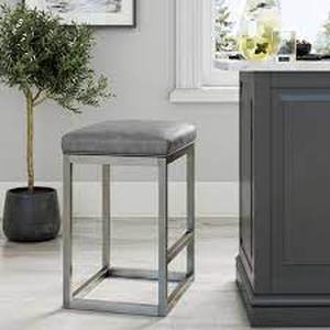 lot 10 image: Nathan James Nelson 24 in. Gray Leather Cushion and Black Stainless Steel Frame Metal Bar Stool