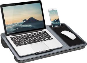 lot 110 image: LapGear Home Office Lap Desk with Device Ledge, Mouse Pad, and Phone Holder - Silver Carbon