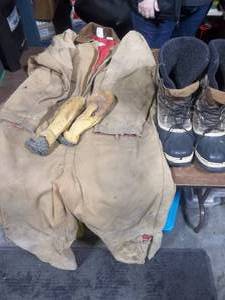 lot 20 image: Mens Coveralls XLT, Boots Size 10-12 & Choppers