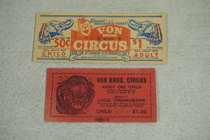 2 Antique Von Bros Circus Original Tickets