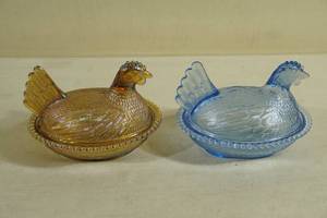 Iridescent Gold Carnival Glass Chicken Dish, plus Blue Chicken
