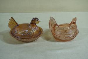Iridescent Gold Carnival Glass Chicken Dish, plus Pink Chicken