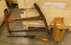 Vintage lot of saw, Daisy BB gun missing inside barrel, bird house