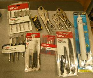 Lot of assorted tools, drill bits, punch, jigsaw and reciprocating saw blades, locking pliers