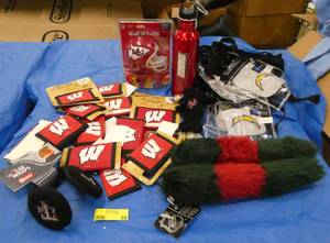 Misc lot of WI Badgers wallets, clear stadium bags, ear wraps, helmet game