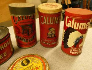 8 vintage tins of mince meat, tea, coffee and 3 generations of calumet baking powder