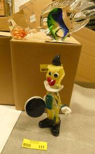 Group of art glass items - the fish and bird are in great shape, the clown has had the drum glued back on