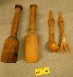2 vintage mashers and decorative wood fork and spoon