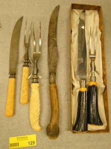 Group of vintage knives and serving forks, one knife has an antler handle, the sheffield set are imitation antler