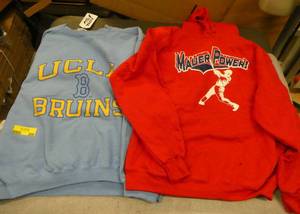 2 sweatshirts with damage - Large UCLA has areas with bleached out color, the Mauer Med Adult has a hole in the pouch