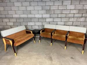 MSRP $15,000&nbspHIGH QUALITY WEILAND HEALTHCARE CONTEMPORARY MID CENTURY STYLING BENTWOOD MOLDED OAK &amp MAHOGANY FINISH&nbspCORNER UNIT WTABLE IN CORNER &amp BENCH SEATING - PLUSH FABRIC-GREAT CONDITION&nbsp MEASUREMENTS TO COME