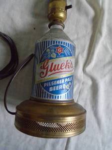 1930s Glueks Beer cone top can light fixture. Brass base. Looks factory made. As shown.