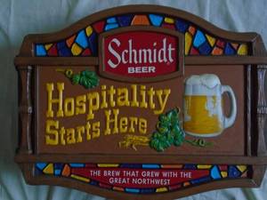 Schmidt Beer plastic sign. 22 x 17. Small piece missing top corner. As shown.