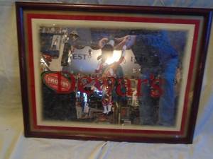 Dewars Scotch wood framed mirror. 28 x 22. Nice shape. As shown.
