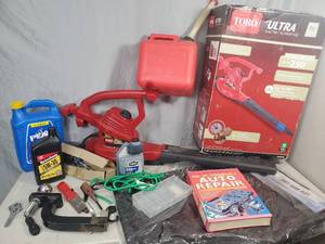 lot 132 image: Lawn Blower, Hitch, Floor Mats, Shop Supplies