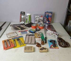 lot 129 image: Junk Drawer Sharpies, Light Bulbs, Wood Handle Foam Brushes, Felt Pads, Duct Tape, Torch Lighter, and more - B