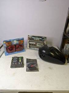 lot 130 image: Auto Electric Accessories Trailer Tail Lights, Tailgate Inverter, Gas Tank, Headlamps, and more - B