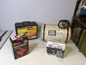 lot 131 image: Air and Power Propane Torch, Power Inverter, Air Compressor, 5-Gallon Air Tank - B