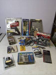 lot 127 image: Assorted Tools RotoZip Spiral Saw, Central Pneumatic Abrasive Blaster Gun, Drill Bit Set, Level, Multi Tool, Square Set, 6 File Set, and more - B