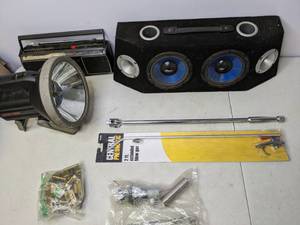 lot 97 image: Mixed Lot with Rampage Speakers, Spotlight, Emerson RadioCassette Player, and More - B