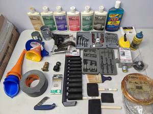 lot 162 image: Collection of Misc Tools and Auto Products Paint Sealent, Stanley, Funnels, Leather Lotion, Etc. - N