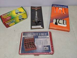 lot 208 image: Set of 4 Tools New Storehouse 385 Piece O-Ring Kit, Central Pneumatic Spark Plug Cleaner, American Tool Group 5 Piece Deluxe Scraper Set, New Custom Chrome - B