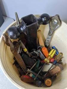 lot 224 image: Miscellaneous Tool Lot Trailer Hitch, Door Hinges, Screwdrivers, and More - B
