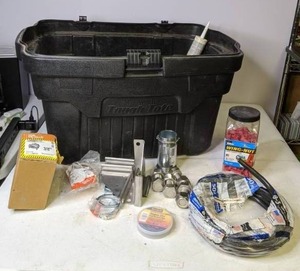 lot 232 image: Black Tough Tote w Wing-Nuts, Clamp Connector, Blue Wall Electrical Boxes, & More - N
