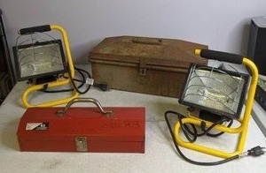 lot 200 image: Lot of 2 Tool Boxes (1 Specifically for Brake Repairs) and 2 Halogen Work Lights- B