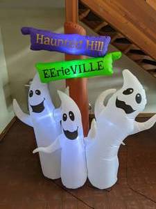 lot 291 image: National Tree Company 6 Inflatable Lighted Ghost Trio and Signpost Halloween Decor - N