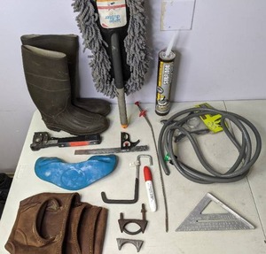 lot 339 image: Mixed Lot Rain Boots (Mens Size 9), Combination Square & Speed Square, Large Duster and More - N